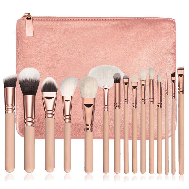 Makeup Brush Set / Storage Bag / Wood / 15 PC / Pink, Brown