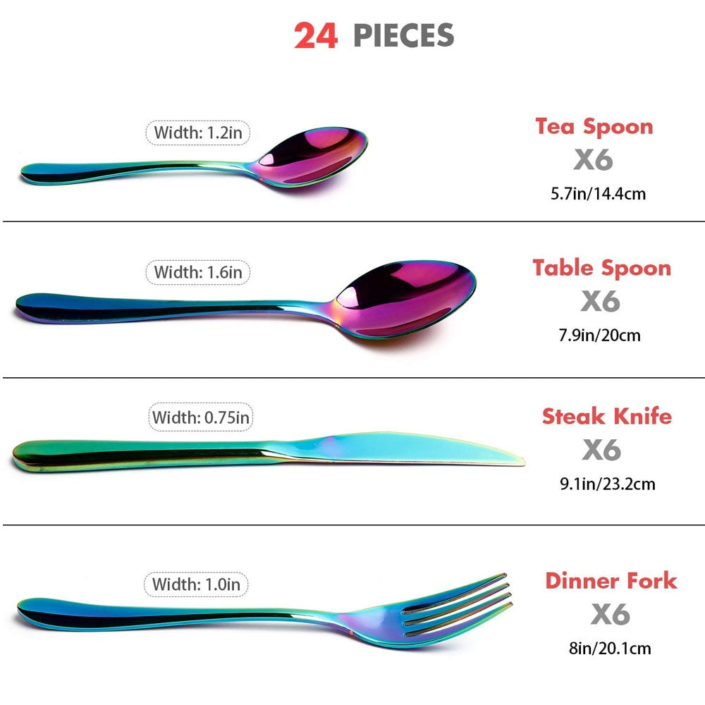 Silverware Flatware Cutlery Set / Rainbow Multicolor / 24 PC