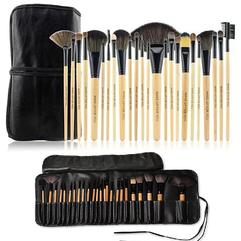 Makeup Brush Set with Vegan Leather Case / 24 PC / Natural Wood, Jet Black, Hot Pink