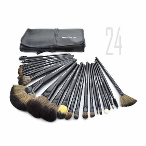 Makeup Brush Set with Vegan Leather Case / 24 PC / Natural Wood, Jet Black, Hot Pink