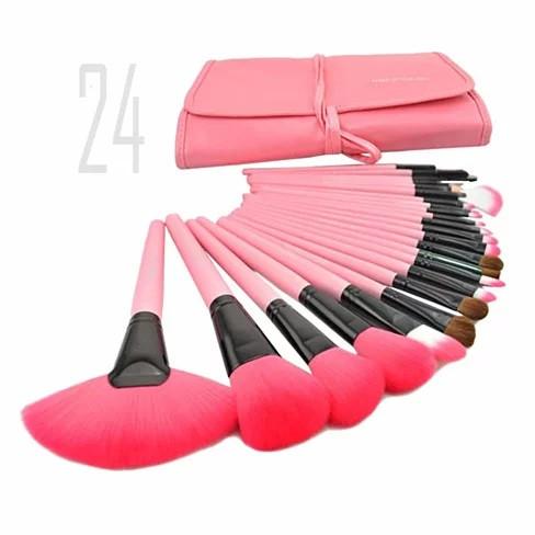 Makeup Brush Set with Vegan Leather Case / 24 PC / Natural Wood, Jet Black, Hot Pink