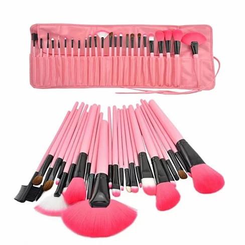 Makeup Brush Set with Vegan Leather Case / 24 PC / Natural Wood, Jet Black, Hot Pink