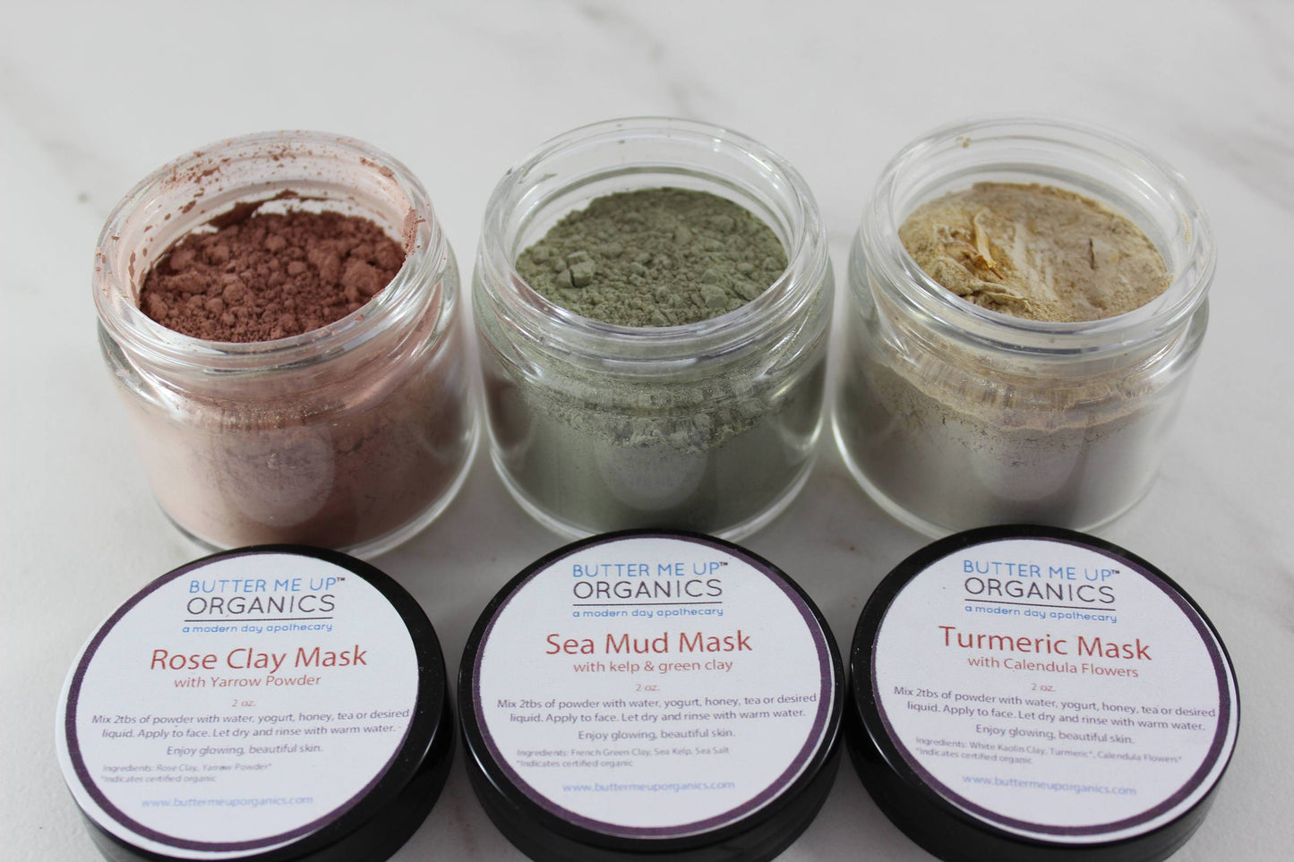 BUTTER ME UP ORGANICS Face Mask / Rose Clay, Sea Mud, Turmeric, Trio