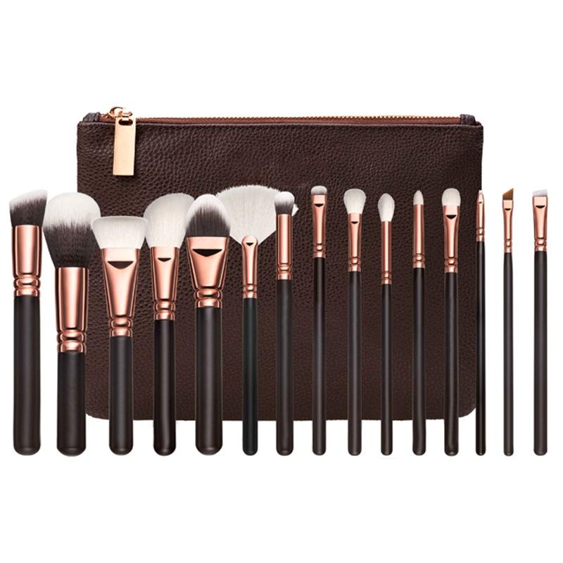 Makeup Brush Set / Storage Bag  / Wood  / 15 PC / Pink, Brown
