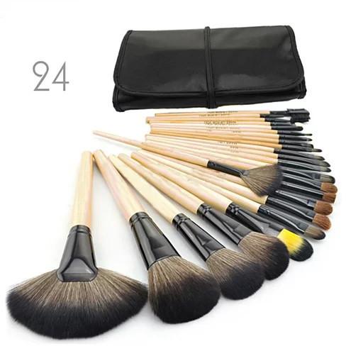 Makeup Brush Set with Vegan Leather Case / 24 PC / Natural Wood, Jet Black, Hot Pink