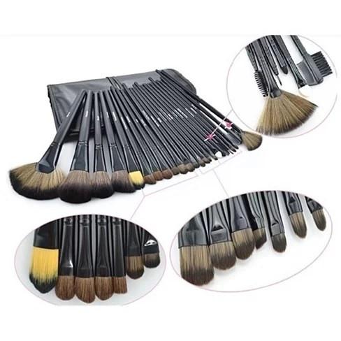 Makeup Brush Set with Vegan Leather Case / 24 PC / Natural Wood, Jet Black, Hot Pink